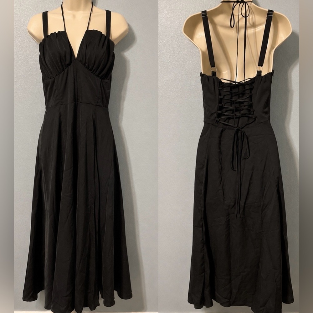 Y2K Black Corset Lace Up Back Midi Dress Whimsigoth Formal Prom Witchy XS